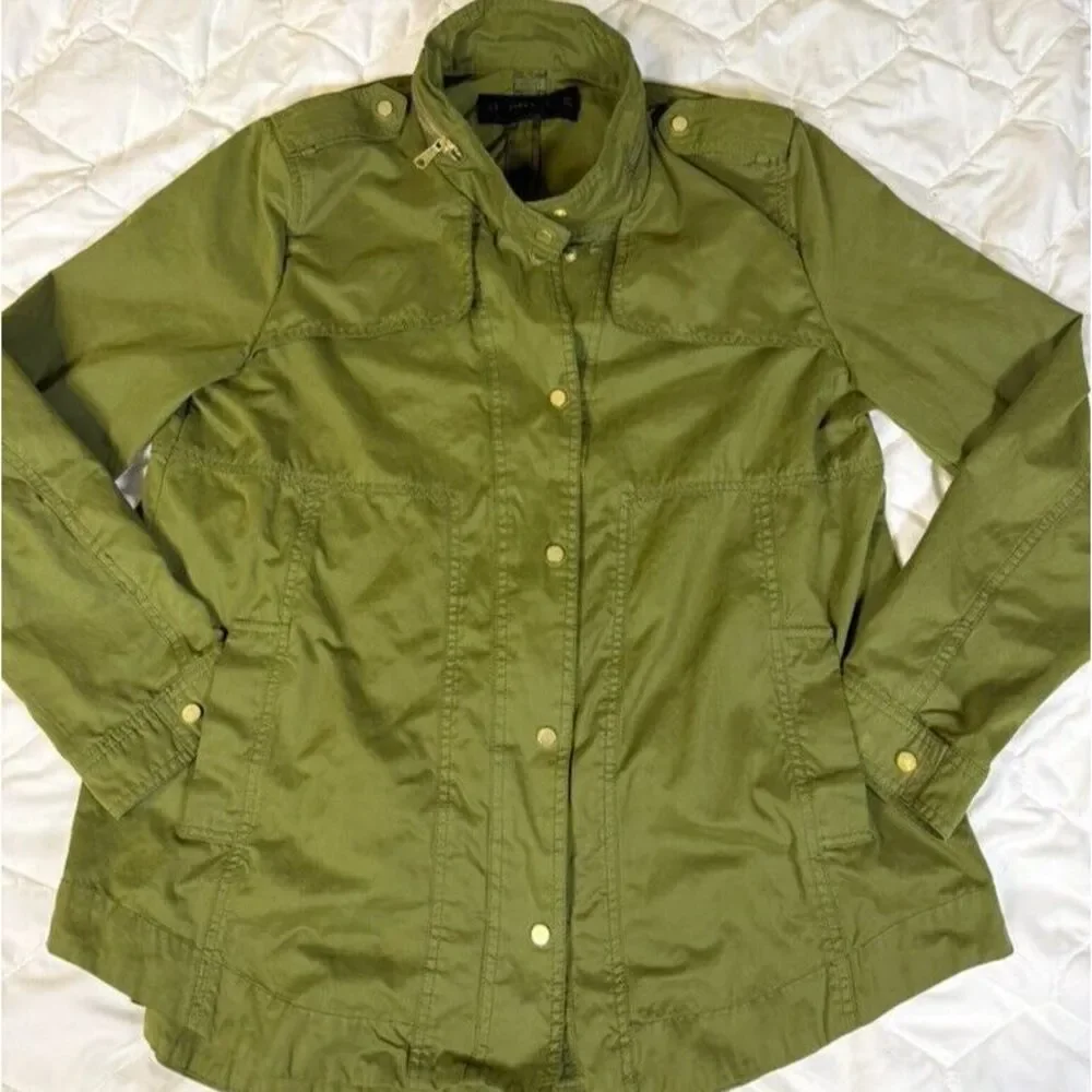 Zara Basic Ladies XL Green Military Jacket Snap Front Pockets Faux Hood‎ Zip